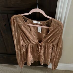 Tan long Sleeve Blouse with Tie Front